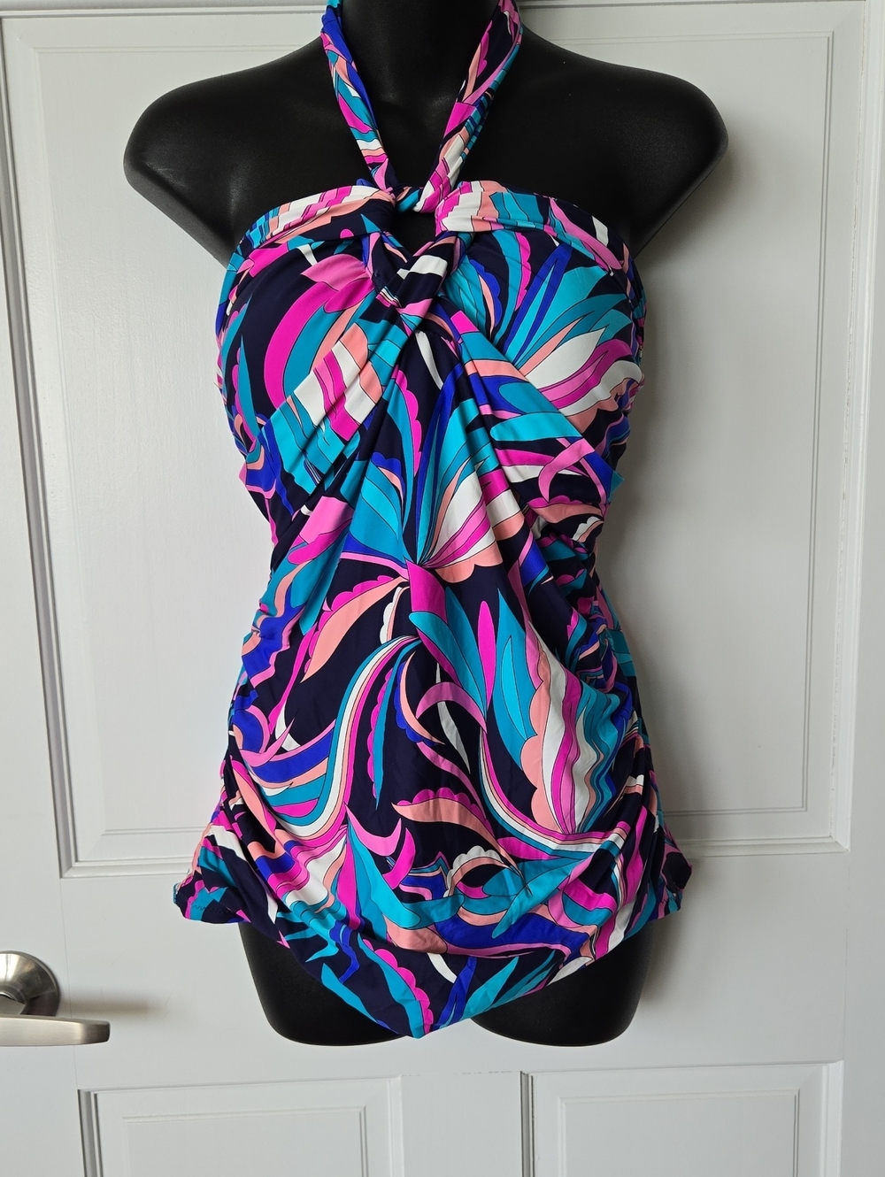 LEILANI  Halter Swim Top in Navy with Aqua & Pink Swirl Print